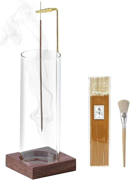 Incense Holder, Wooden Incense Holder for Sticks with Glass Ash Catcher, Anti-ash Incense Burner with 20 Incense Sticks and a Ash Brush for Meditation Yoga Spa Room Decor