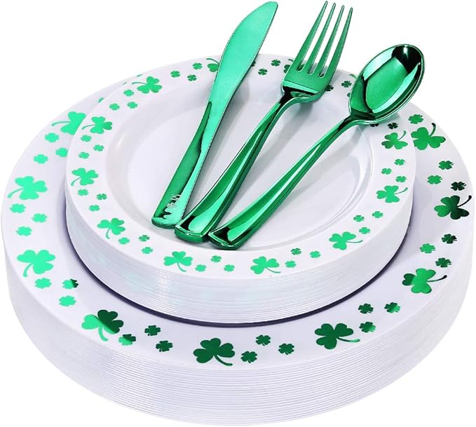 WDF 125pcs St. Patrick’s Day Plastic Plates with Shamrock Clover & Disposable Silverware - Premium White and Green Plastic Dinnerware for Wedding &Parties, Special for St. Patrick’s Day