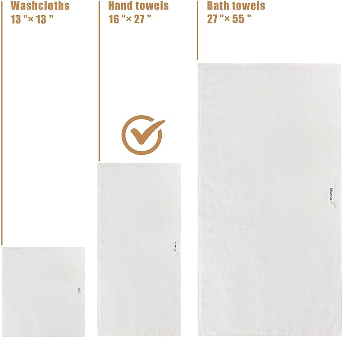 SEMAXE Hand Towel for Bathroom, 100% Combed Cotton Towel with Hanging Loop, Hotel Quality Absorbent Towel, Solid Colored Simple Style, 1 Pc White Hand Towel, 550 GSM, 27" L x 16" W