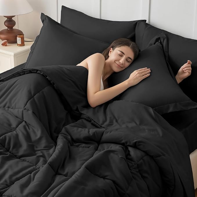 JOLLYVOGUE California King Comforter Set, Ultra-Soft Bed in a Bag Cal King Size 7 Pieces, Oeko-TEX Certified Bedding Set with Down Alternative Comforter, Sheets, Pillowcases & Shams, Black