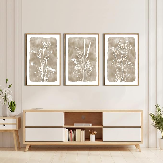 ANHUIB Beige Artwork 16x24 Inch Framed Beige Floral Wall Art Large Neutral Wildflower Wall Decor Vintage Plant Art Prints Set of 3 for Living Room Bedroom Office