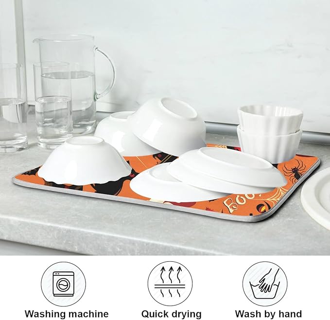 Happy Halloween Pumpkins Spooky Dish Drying Mat for Kitchen Counter 16 x 18 Inch Spider Web Cat Absorbent Microfiber Dry Dishes Mats Drainer Mat Dish Drying Pad for Countertops Decor