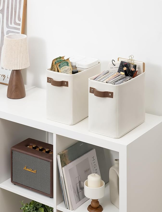 StorageWorks Narrow Storage Bins, Small Basket for Closet and Shelves, Rectangular Fabric Organizer with Handles, Toilet Paper Storage, Beige, 2-Pack