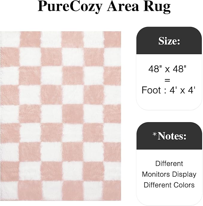 Checkered Rug 4x4 for Living Room, Pink and White Modern Shag Rug Super Soft Washable Indoor Fuzzy Carpet Non-Slip Fluffy Rugs for Bedroom Home Aesthetic Decor