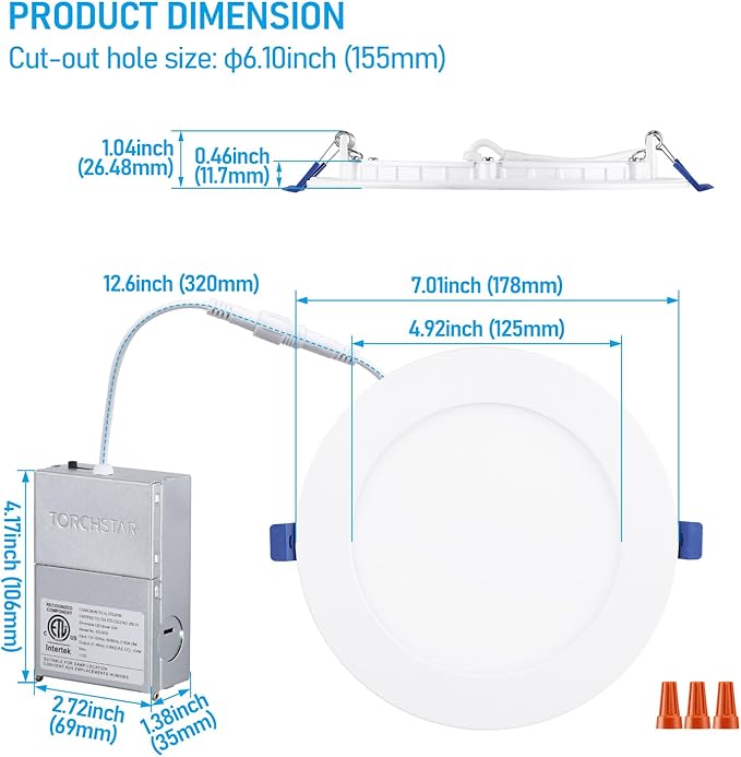 TORCHSTAR 12-Pack 5CCT 6 Inch Ultra-Thin LED Recessed Lighting with Junction Box, CRI90, Aluminum, 2700K3000K3500K4000K5000K, 5%-100% Dimmable Slim Recessed Downlight, 12W 1000LM, ETL & ES