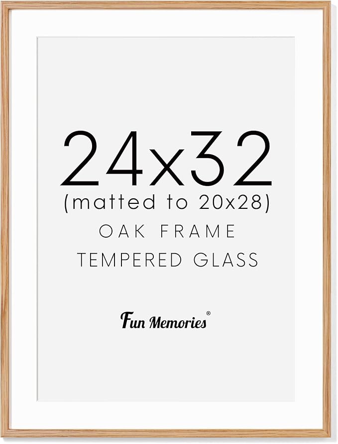 Fun Memories Oak Wood Picture Frame 24x32 for Wall, Rustic Poster Frame With Real Glass, Mat for 20x28, Natural Oak Color (1 Pack)