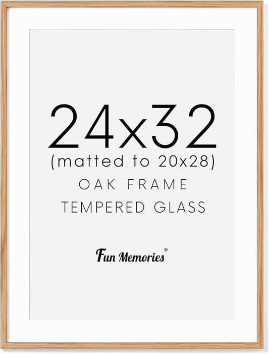 Fun Memories Oak Wood Picture Frame 24x32 for Wall, Rustic Poster Frame With Real Glass, Mat for 20x28, Natural Oak Color (1 Pack)