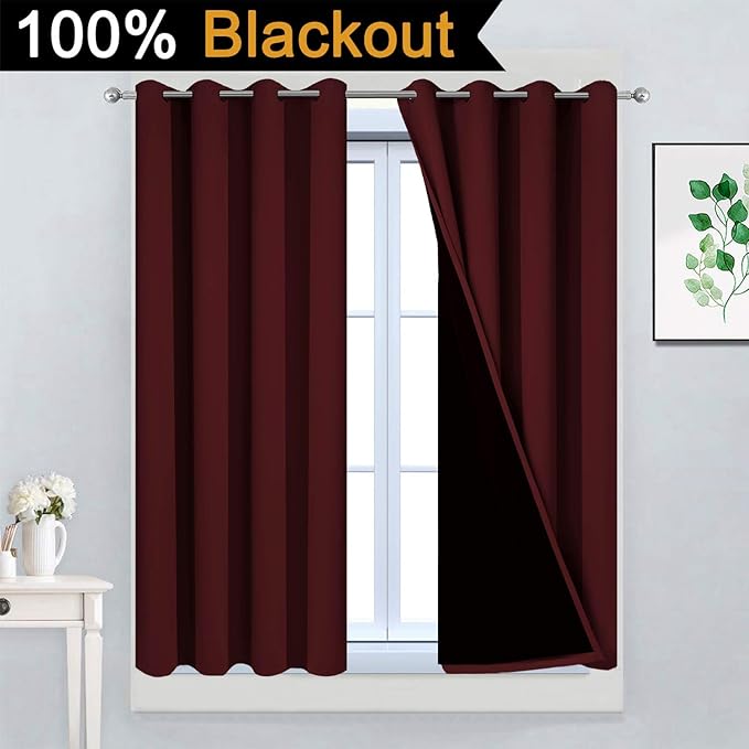 Yakamok 100% Blackout Curtains for Bedroom, Thermal Insulated 2-Layer Lined Blackout Drapes, Full Blackout Curtain Panels for Living Room(Burgundy Red, 2 Panels, 52W x 45L Inch)