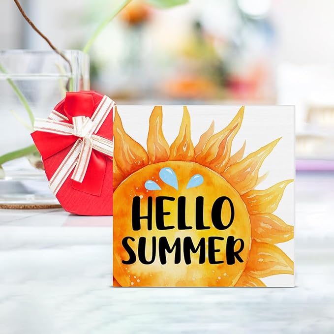 Hello Summer Decor Sun Wood Block Sign Farmhouse Summer Decorations for Home Desk Table Shelf 5 x 5 Inches