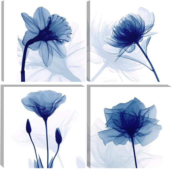 Pyradecor Large Blue Flickering Flower Modern Abstract Paintings Canvas Wall Art Gallery Wrapped Grace Floral Pictures on Canvas Prints 4 Panels Artwork for Living Room Bedroom Office Home Decorations