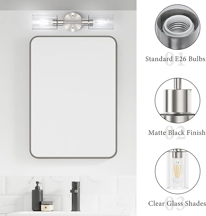 Espird Bathroom Light Fixtures 2 Light Brushed Nickle, Bathroom Vanity Lights Over Mirror, Bathroom Sconces Wall Lighting，Farmhouse Vanity Light, Modern Vanity Lights with Clear Shades