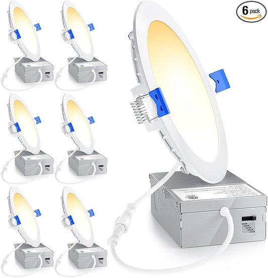Ensenior 6 Pack 6 Inch LED Recessed Light, Dimmable, 2700K-5000K 5CCT, 1050LM High Brightness, 12W 120V, Damp Rated, Ultra-Thin Canless Wafer Ceiling Light - ETL & FCC & IC