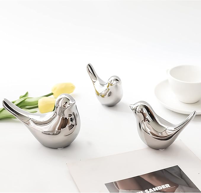 FANTESTICRYAN Small Birds Statues Gold Home Decor Modern Style Figurine Decorative Ornaments for Living Room, Bedroom, Office Desktop, Cabinets (M&L, Silver)