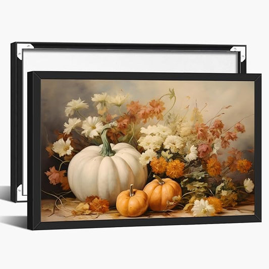Fall Canvas Wall Art Rustic Pumpkin Posters Fall Pictures Print Dark Cottagecore Thanksgiving Wall Decor for Home Living Room 24x36inch black framed