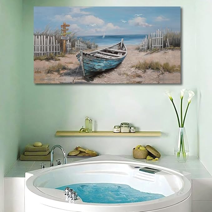 Ardemy Blue Coastal Canvas Wall Art for Living Room Textured Beach Painting Turquoise Teal Bedroom Picture Modern Boat Artwork Framed Home Office Kitchen Bathroom Wall Decor, Large 40"x20"