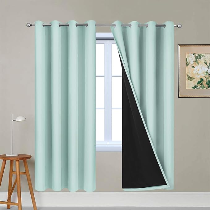 Yakamok 100% Blackout Curtains Energy Saving Thermal Insulated 2 Thick Layers Completely Blackout Drapes with Black Liner for Bedroom (52Wx72L, Aqua, 2 Panels)