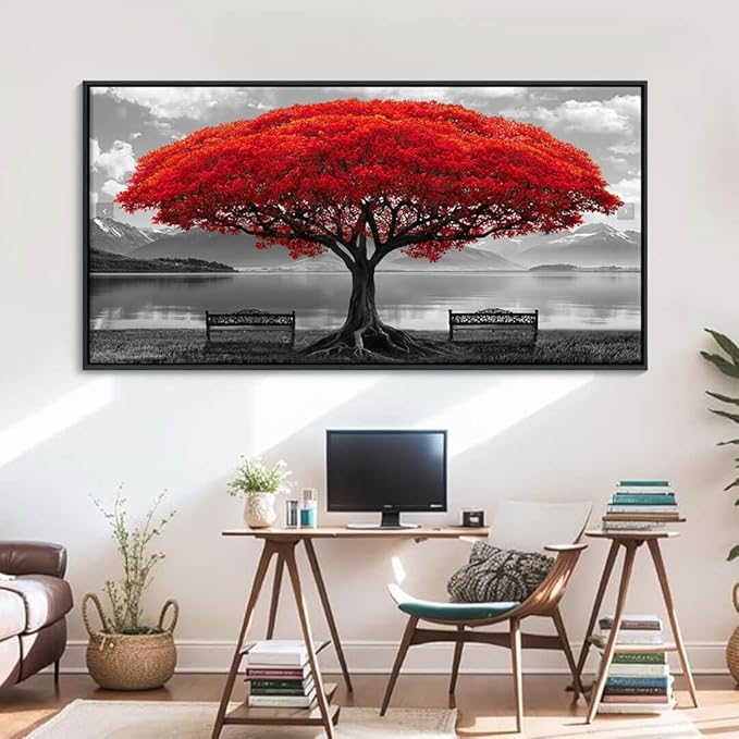 YDYSUNE Red Tree Paintings Wall Art Black and White Pictures Wall Decor for Living Room Modern Home Bedroom Decoration Nostalgia Framed Artwork Decor 29x58in
