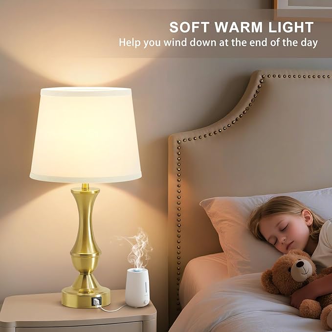 Luvkczc 22" Gold Table Lamps Set of 2 - Modern Luxury Bedside Lamps with White Fabric Shade, 3-Way Dimmable & Dual USB C+A Ports, Nightstand Lamps for Bedroom/Living Room (Bulb Included)