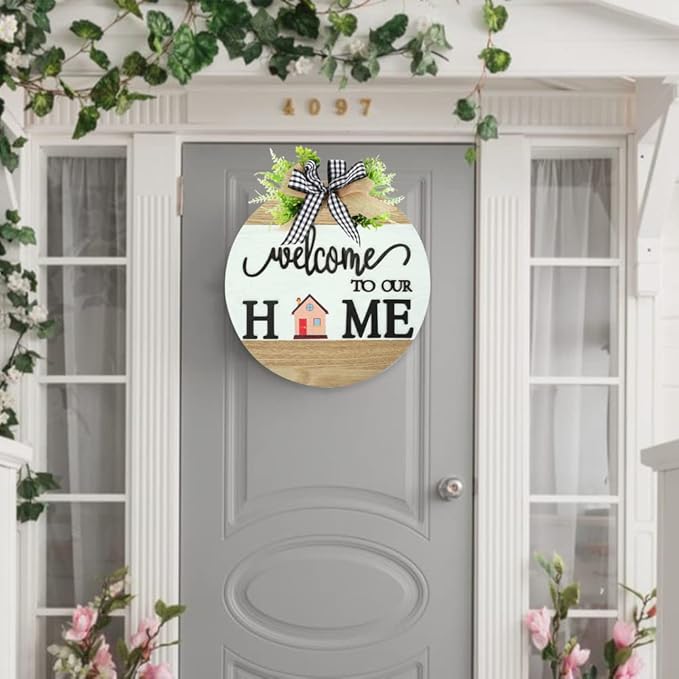 Interchangeable Welcome Sign for Front Door with 4 Seasonal Wreaths and 14 Changeable Icons, Farmhouse Front Porch Décor, Front Door Decoration, Seasonal Rustic Wooden Wall Sign home décor (7wood)