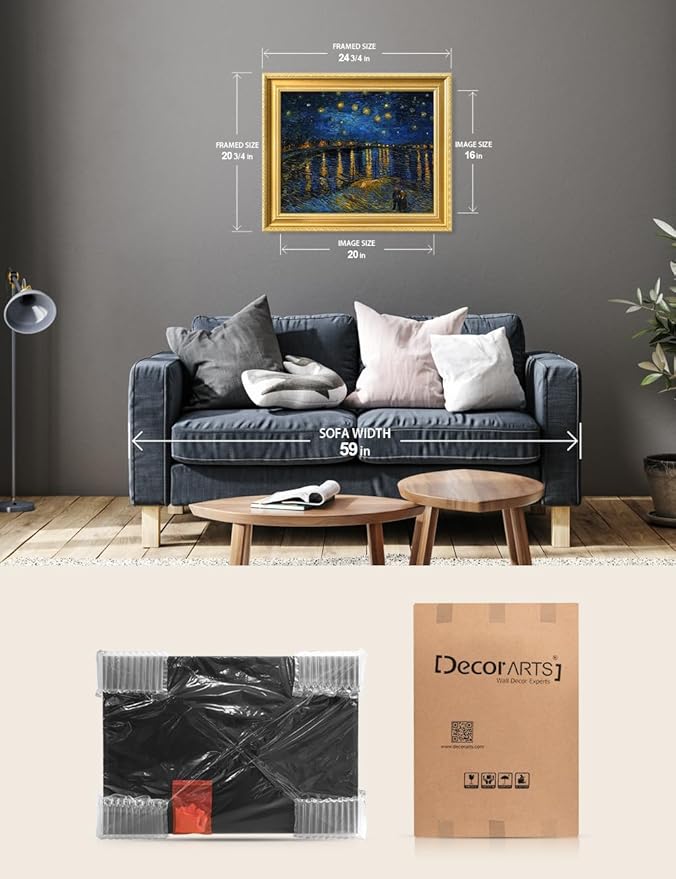 DECORARTS - Starry Night Over the Rhone by Vincent Van Gogh. Giclee Print on Acid-Free Canvas in Gold Solid Wood Frame. Picture Size: 20x16, Total Size: 24.75x20.75, Made in USA