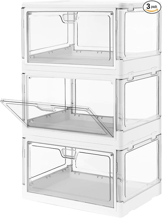 3-Pack Clear Stackable Storage Bins with Lids Magnetic Doors Open Front Foldable Folding Plastic Craft Containers Large Closet Organizers Box for Bedrooms Living Rooms Study Kids' Toys 24 QT