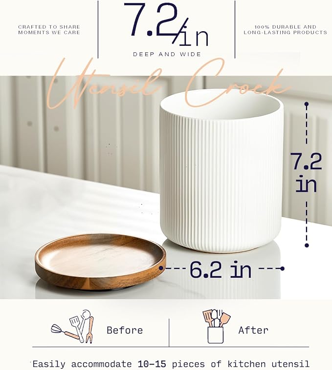 getstar 360° Rotating Large Kitchen Utensil Holder, Ceramic Cooking Utensil Holder for Kitchen Counter with Rotatable and Detachable Wooden Base (White)