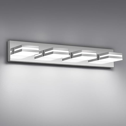 Modern LED Bathroom Lights Fixtures(4-Light),Metal Chrome Acrylic Wall Lighting,Vanity Lights for Bathroom Over Mirror(6000k 27In