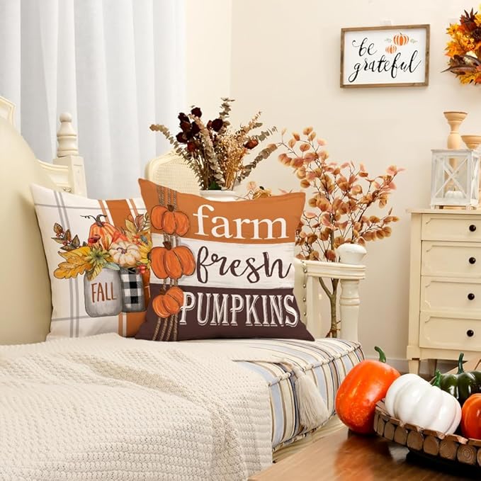 GEEORY Fall Pillow Covers 18 x 18 Inch Set of 4, Happy Fall Y'all Stripes Pumpkins Mason Jar Thankful Decor, Cushion Cases for Farmhouse Home Party Sofa Couch (Brown) G355-18