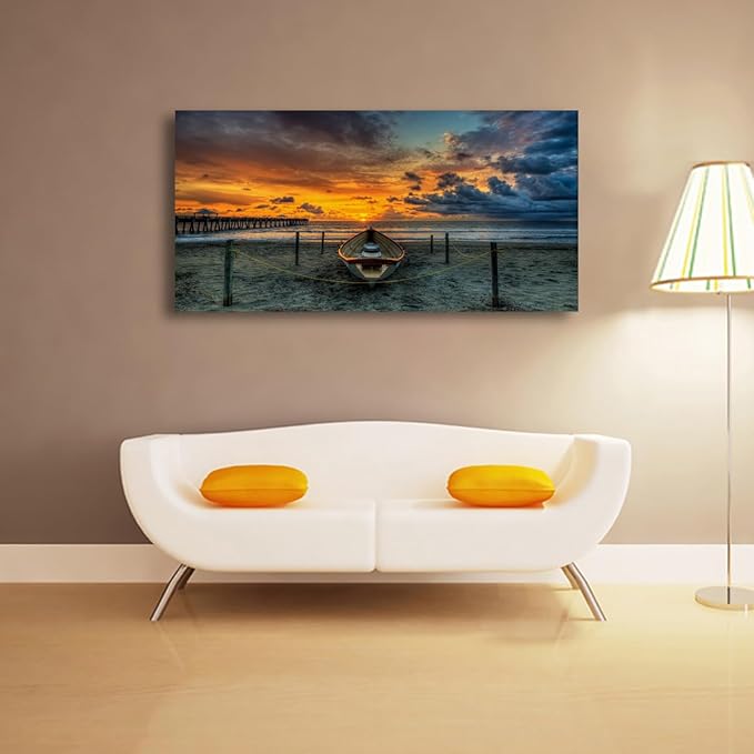 Beach Themed Wall Art Canvas Prints Seascape Poster Bathroom Décor Boat Ocean Sunset Landscape Paintings for Bedroom Dining Room Home Kitchen Decorations Natural Artwork 24x48 Picture Wooden Frames