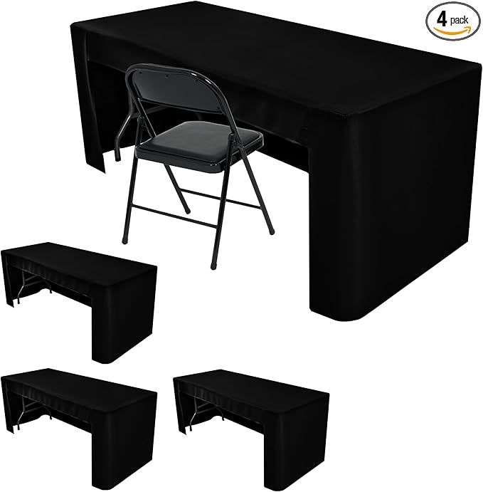 HolidayIdeas Open Back Rectangle Black Table Covers for 4 Foot Table, Wrinkle Resistant Washable Tablecloths 24x48 Inch for Craft Fairs, Banquets, Trade Show Display, 4 Pcs