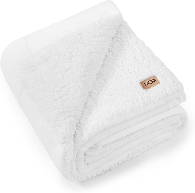 UGG Nita Throw Blanket Soft Reversible Plush Throw for Couch or Bed Washable Warm Fluffy Blanket for College Dorm Essentials and Bedding with Down Alternative Fill, 50-inch x 70-inch, White Snow