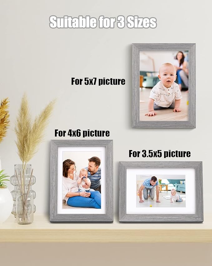 Egofine 5x7 Picture Frames Set of 4, Made of Solid Wood Covered by Plexiglass 3.5x5 and 4x6 with Mat or 5x7 without Mat, for Table Top Display and Wall Mounting Photo Frame Light Grey