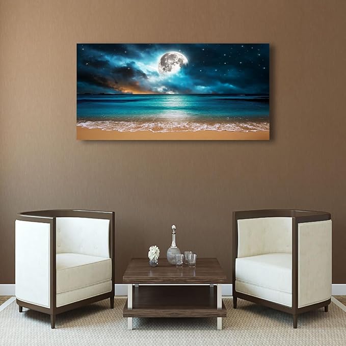 Beach Themed Wall Art Canvas Prints Seascape Picture Bathroom Décor Moon Ocean Landscape Paintings for Bedroom Dining Room Office Home Kitchen Decoration Natural Artwork 28x57 Wooden Frames