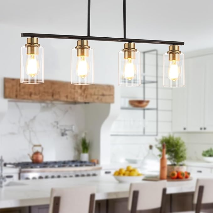 Kitchen Island Light, 4-Light Pendant Lighting, Farmhouse Industrial Dining Room Light Fixtures for Kitchen Island Dining Living Room, Matte Black Gold with Clear Glass Shade