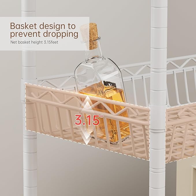 6 Shelves Storage Shelf Wire Closet Bathroom Organizers Metal Pantry Kitchen Garage Shelving Unit Laundry Room Organization Home Rack Net Basket White with Wheels 30" Dx14 Wx65 H