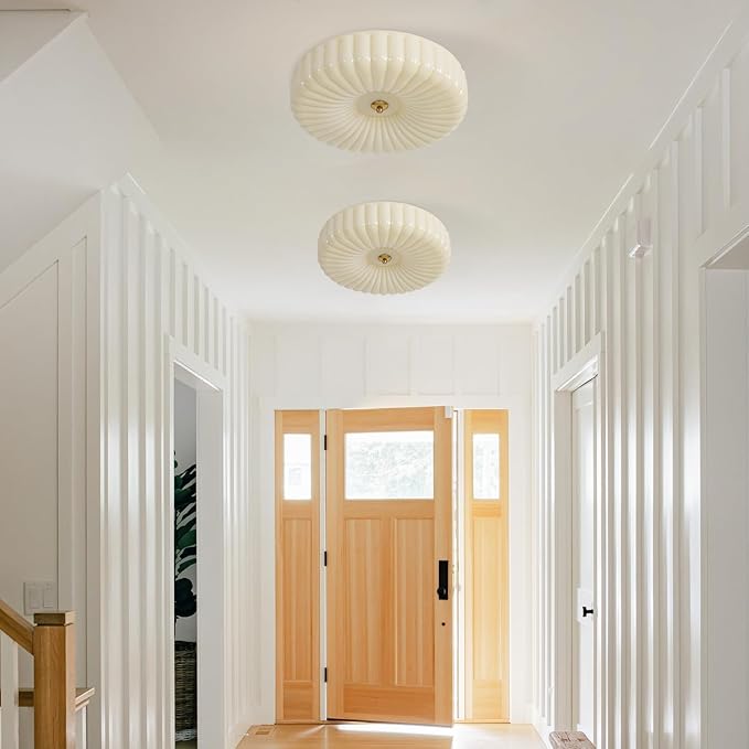 KCO Lighting Round Large LED Flush Mount Ceiling Light Yellow Ribbed Glass Flush Mount Light Mid Century Modern Bedroom Ceiling Lamp Unique Entryway Ceiling Light Fixtures