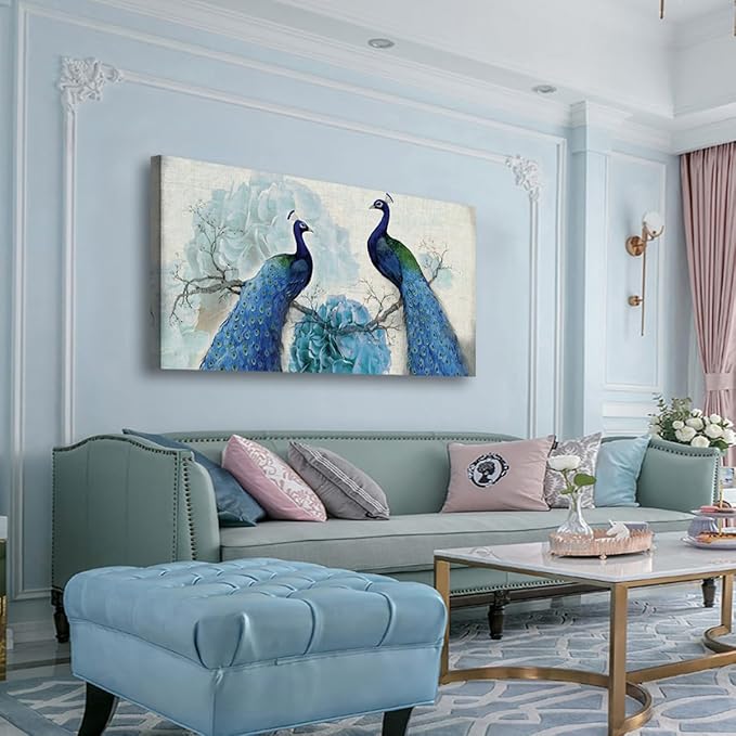 Peacock Canvas Wall Art for Living room Office Bedroom Animal Wall Art Print Oil Paintings Modern Beautiful Flowers Pictures Blue Wall Decor Artwork Waterproof Ready to Hang - 20in * 40inch