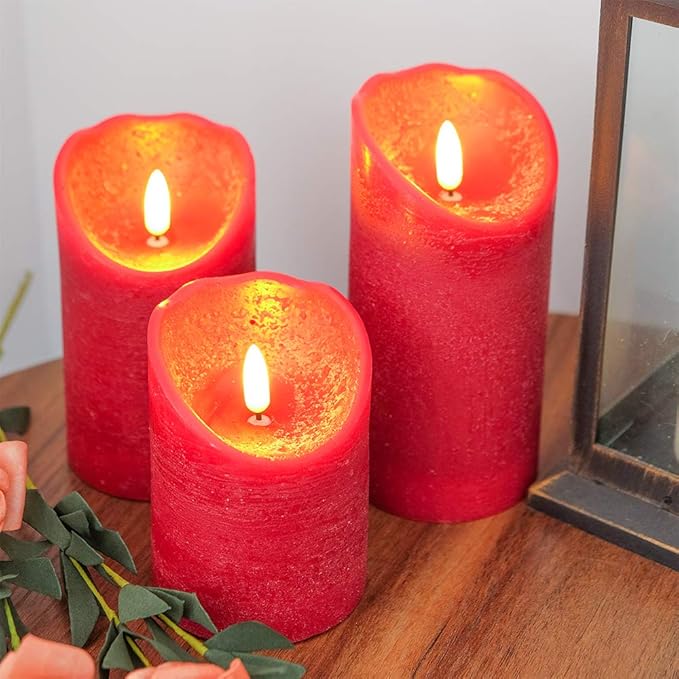 Eldnacele Red Wax Flameless Flickering Candles with 6H Timer, 3D Wick Realistic Battery Operated Pillar LED Candles Set of 3 for Easter Home Wedding Party Christmas Decoration (D3” x H4”5”6”)