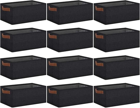 GhvyenntteS Small Fabric Storage Bins 12 Pack, 11.8" x 7.87" x 5.11" Storage Basket with Leather Handles, Closet Storage Bins for Shelves, Storage Baskets for Shelves, DVD Storage (Black)