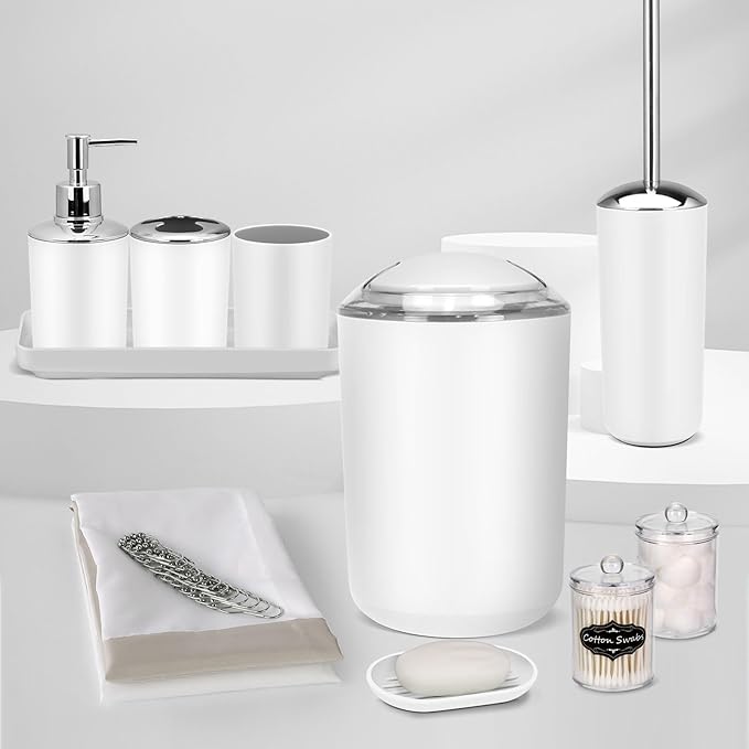 IMAVO Bathroom Accessories Set,White Bathroom Set,9 Pieces Bathroom Accessory Set with Shower Curtain,Qtip Holders,Toilet Brush,Trash Can for Bathroom Décor and Home Gifts