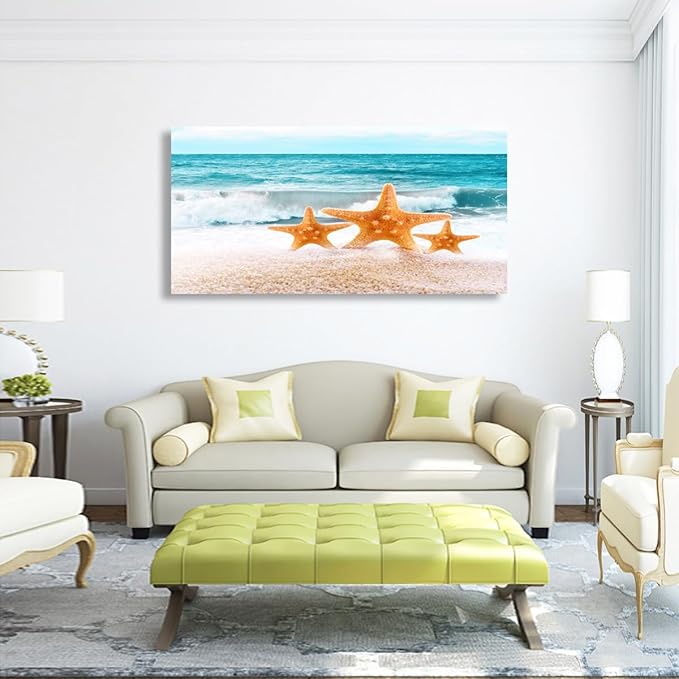 Beach Canvas Wall Art for Living room Office Bedroom Ocean Wall Art Print Oil Paintings Modern Sea Waves Starfish Pictures Blue Wall Decor Artwork Waterproof Ready to Hang - 20in * 40inch