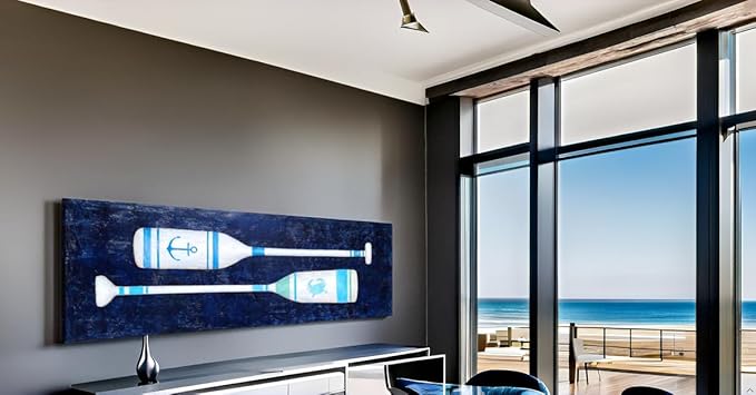 Yihui Arts Coastal Canvas Wall Art - Navy Blue and White Oar Painting for Bedroom Bathroom Decor