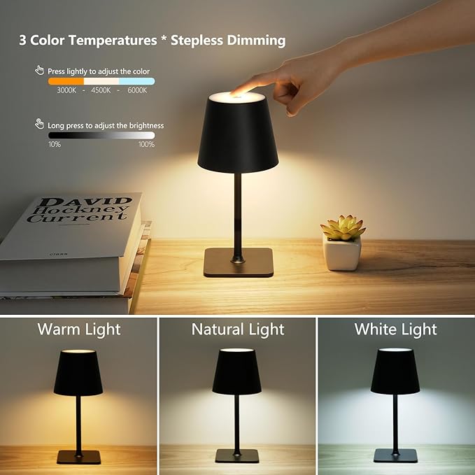 4 Pack Cordless Table Lamps, Portable Rechargeable Lamp, 6000mAh Battery Operated, 3 Color Dimmable LED Table Light for Restaurant/Bedroom/Outdoor Party/Camping/Cafe Night Light(Black)
