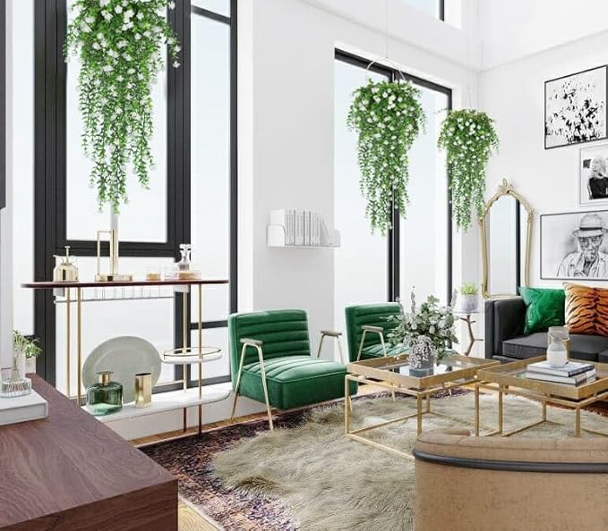 SJL 4pcs Fake Hanging Plants Realistic Artificial Outdoor Flowers Hanging Greenery Artificial Ivy Vine Leaves Faux Green Plastic Plants Greenery Flowers Green Leaf Decor for Wall Home (White)