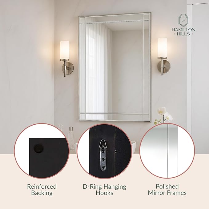 Hamilton Hills Rectangular 30x40 inch Silver Framed Vanity Mirror | Beveled Edge Squared Corner Frame Vanity Wall Mirror | Classy Decorative Bathroom Mirrors for Vanity, Hallway or Entry - Hanging