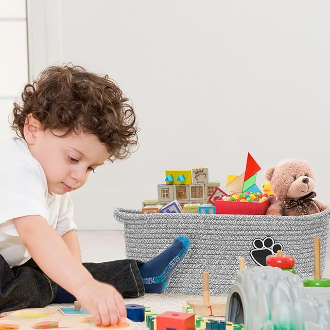 Small Woven Baskets for Organizing Rope Storage Basket with Handle Cute Cotton Basket for Nursery Gift Dog Toy Storage Bins for Toy Organizer-Grey