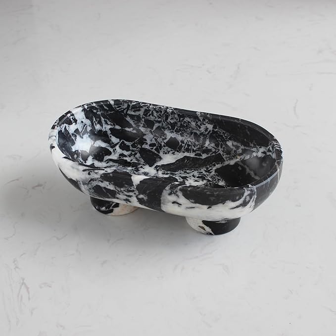 Natural Oval Calacatta Black Marble Fruit Bowl for Kitchen Counter 10", Large Decorative Bowl Two-Legs for Home Decor, Fruits Holder For Dining Table - Kitchen Organization