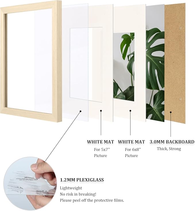 Egofine 8x12 Picture Frames Set of 4, Made of Solid Wood Covered by Plexiglass 5x7 and 6x8 with Mat or 8x12 without Mat, for Table Top Display and Wall Mounting Photo Frame Oak Wood