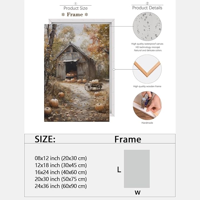 Fall Canvas Wall Art Farmhouse Pumpkin Barn Posters Retro Countryside Fall Pictures Prints Farmhouse Wall Decor for Home Living Room 12x18inch Framed