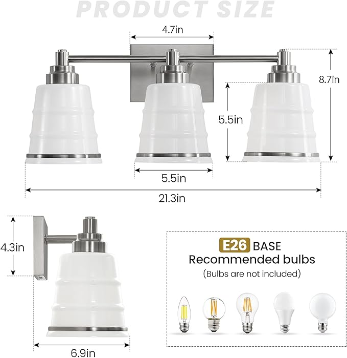 Brushed Nickel Bathroom Vanity Light Fixture, 3 Light Bathroom Light Fixtures Over Mirror with Milky Glass, Hardwired Modern Vanity Light for Bathroom(Exclude E26 Bulb)